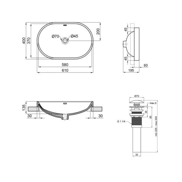 Комплект Qtap Leo: Раковина врезная овальная 590x400x170 мм White + Донный клапан PU02O SD00053416 фото