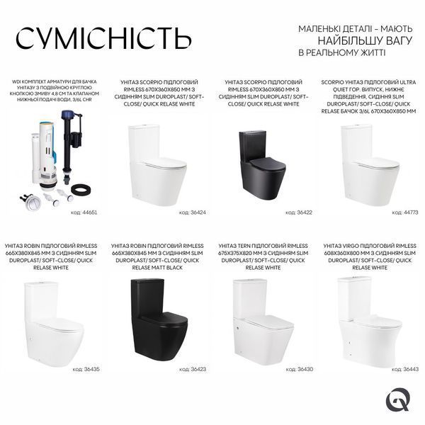 Qtap WDI комплект арматуры для бачка унитаза с двойной круглой кнопкой смыва 4,8 см и клапаном нижней подачи воды, 3/6L CHR SD00050775 фото