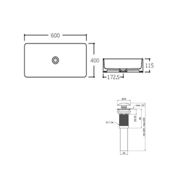 Комплект Qtap Tern: Раковина накладна прамокутна 600x405x110 мм WHITE + Донний клапан PU02 SD00053427 фото