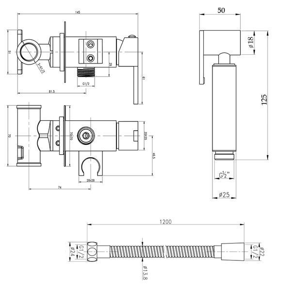 Набір для гігієнічного душу Qtap Inspai-Varius прямокутний QT259710842859NB Black Matt, змішувач, шланг SD00048969 фото