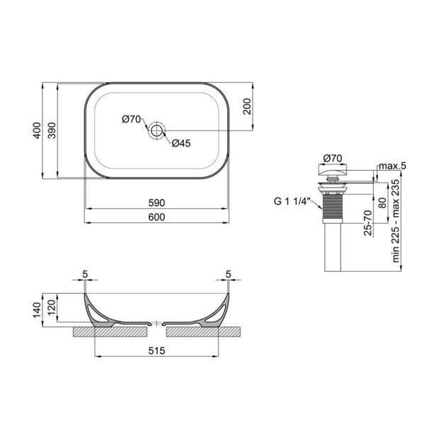 Комплект Qtap Robin: Раковина накладна прамокутна 610x400x145 мм Matt Black + Донний клапан PU03 SD00053420 фото