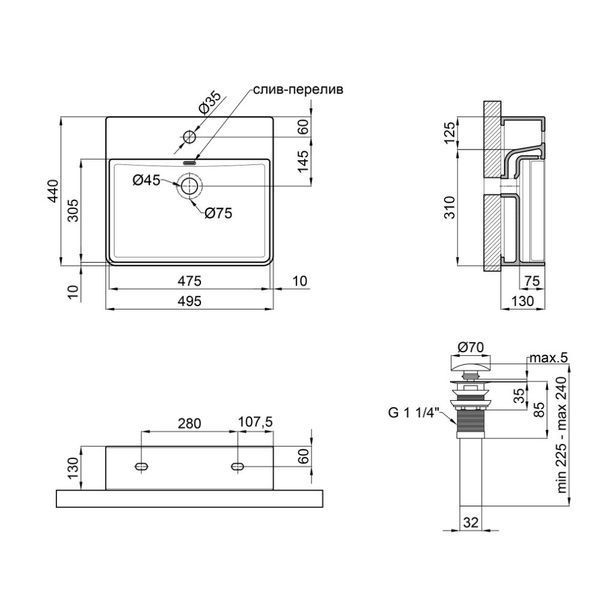 Комплект Qtap Nando LT: Раковина подвесная прямоугольная 500х420х120 мм Matt Black + Донный клапан PU03O SD00053446 фото