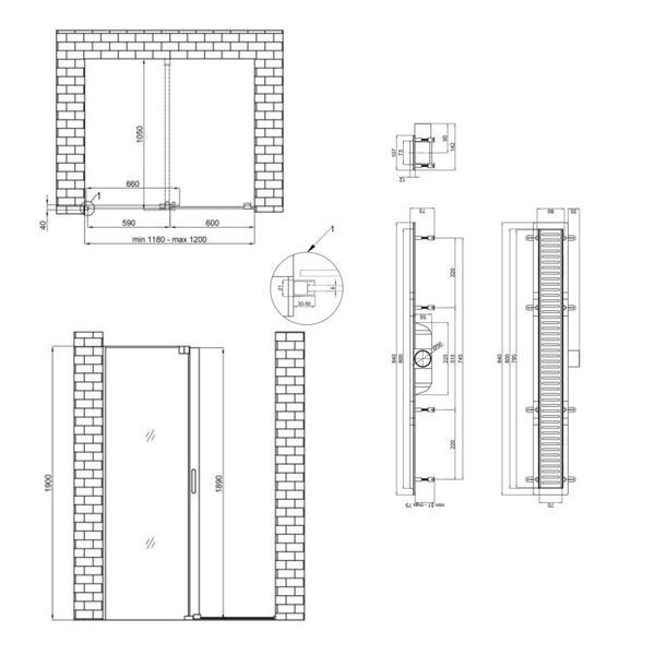 Готовое решение Qtap 15: Стена Walk-In GLIDE, 120x190 + Линейный трап 800 мм SD00050980 фото