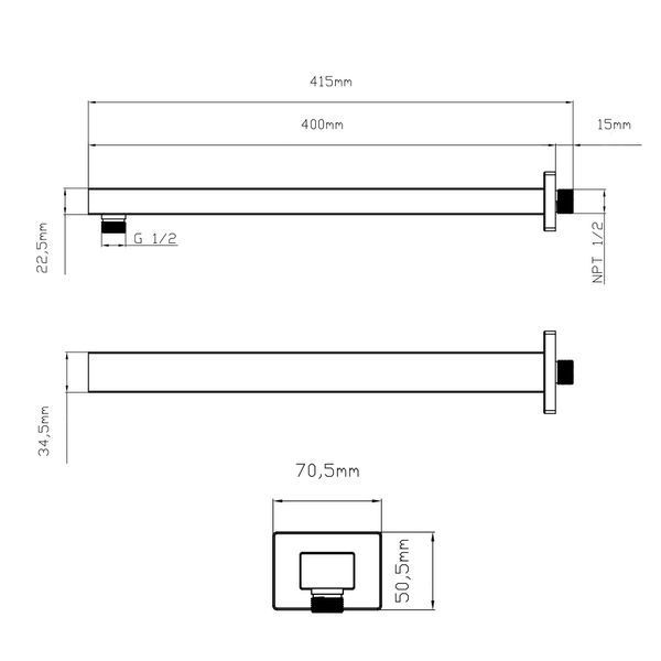 Кронштейн для верхнього душа Qtap Trubice 400 мм прямокутний QTTRU120BLM45929 Black Matt, настінний, з нержавіючої сталі SD00052053 фото