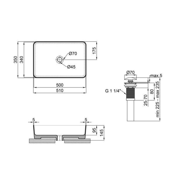 Комплект Qtap Tern: Раковина накладная прямоугольная 500х350х145 мм Matt Black + Донный клапан PU03 SD00053426 фото