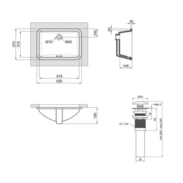 Комплект Qtap Stork: Раковина врізна прамокутна 530x370x200 мм White + Донний клапан PU02O SD00053417 фото