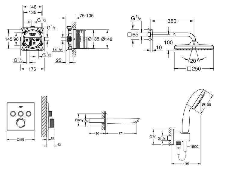 Душевая система Grohe Grohtherm SmartControl New Tempesta 250 с термостатом, хром (UA26415SC2) UA26415SC2 фото