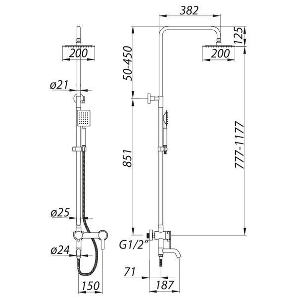 Душевая колонна со смесителем ZERIX LR72401, нержавеющая сталь, высота 125 см, настенная (LL1027) LL1027 фото