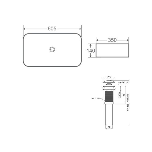 Комплект Qtap Tern: Раковина накладна прамокутна 605x350x140 мм WHITE + Донний клапан PU02 SD00053428 фото
